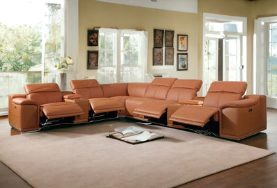 Homeroots Camel Italian Leather Power Reclining U Shaped Eight Piece Corner Sectional With Console 366355 - Go Living Room