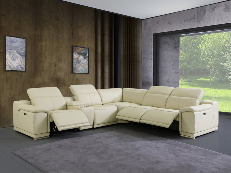 Homeroots Beige Italian Leather Power Reclining U Shaped Six Piece Corner Sectional With Console 476587 - Go Living Room