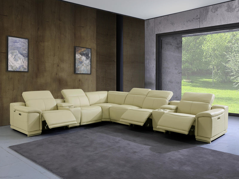 Homeroots Beige Italian Leather Power Reclining U Shaped Eight Piece Corner Sectional With Console 476596 - Go Living Room