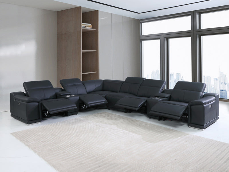 Homeroots Black Italian Leather Power Reclining U Shaped Eight Piece Corner Sectional With Console 476600 - Go Living Room