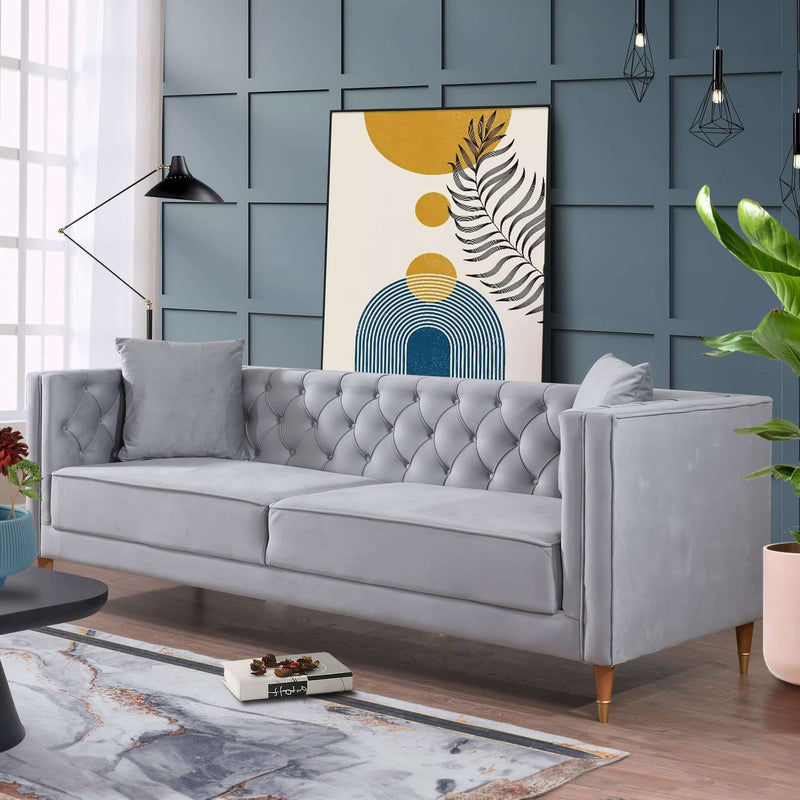 Ashcroft Autumn Mid-Century Modern Light Grey Velvet Sofa AFC01882 - Go Living Room
