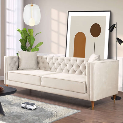 Ashcroft Autumn Mid-Century Modern Cream Velvet Sofa AFC00132 - Go Living Room