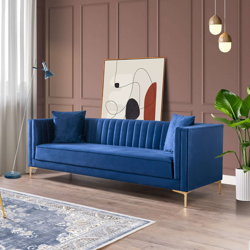 Ashcroft Angelina Mid-Century Modern Dark Blue Velvet Tufted Sofa SOF-KEN-VEL-DBLU - Go Living Room