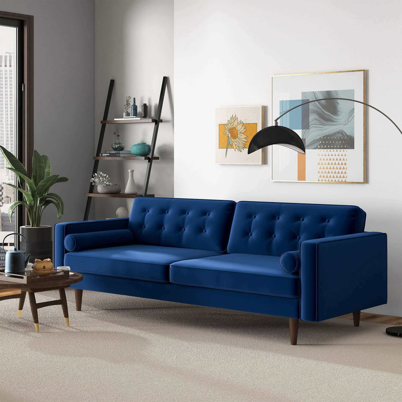 Ashcroft Casey Mid Century Modern Blue Velvet Sofa - Go Living Room